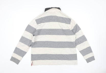 Marks and Spencer Men's Grey Striped Long Sleeve Polo M