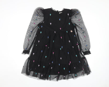 Angel & Rocket Girls Black Puff Sleeve Dress Embroidered 9 Years