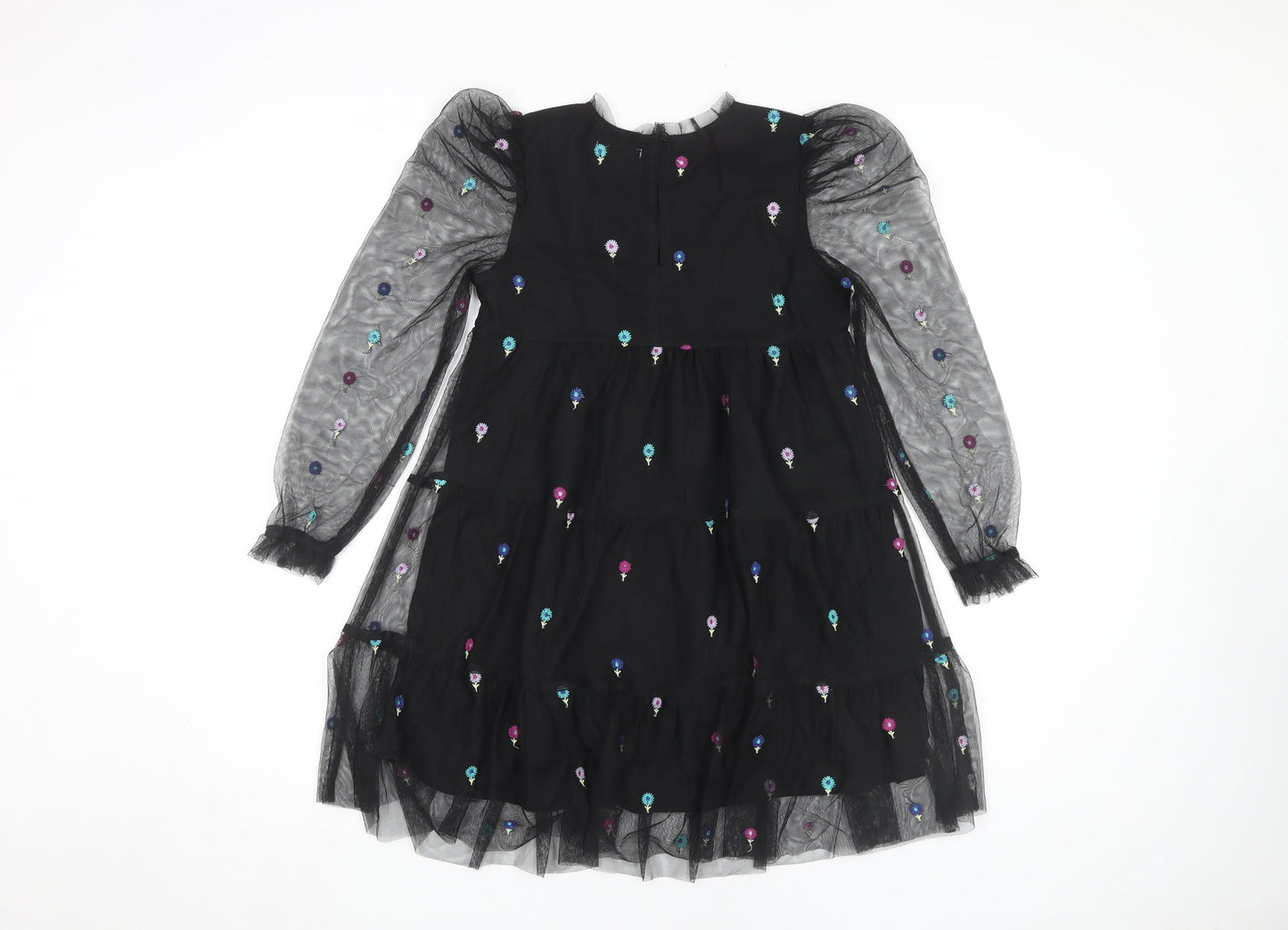Angel & Rocket Girls Black Puff Sleeve Dress Embroidered 9 Years