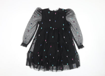 Angel & Rocket Girls Black Puff Sleeve Dress Embroidered 9 Years