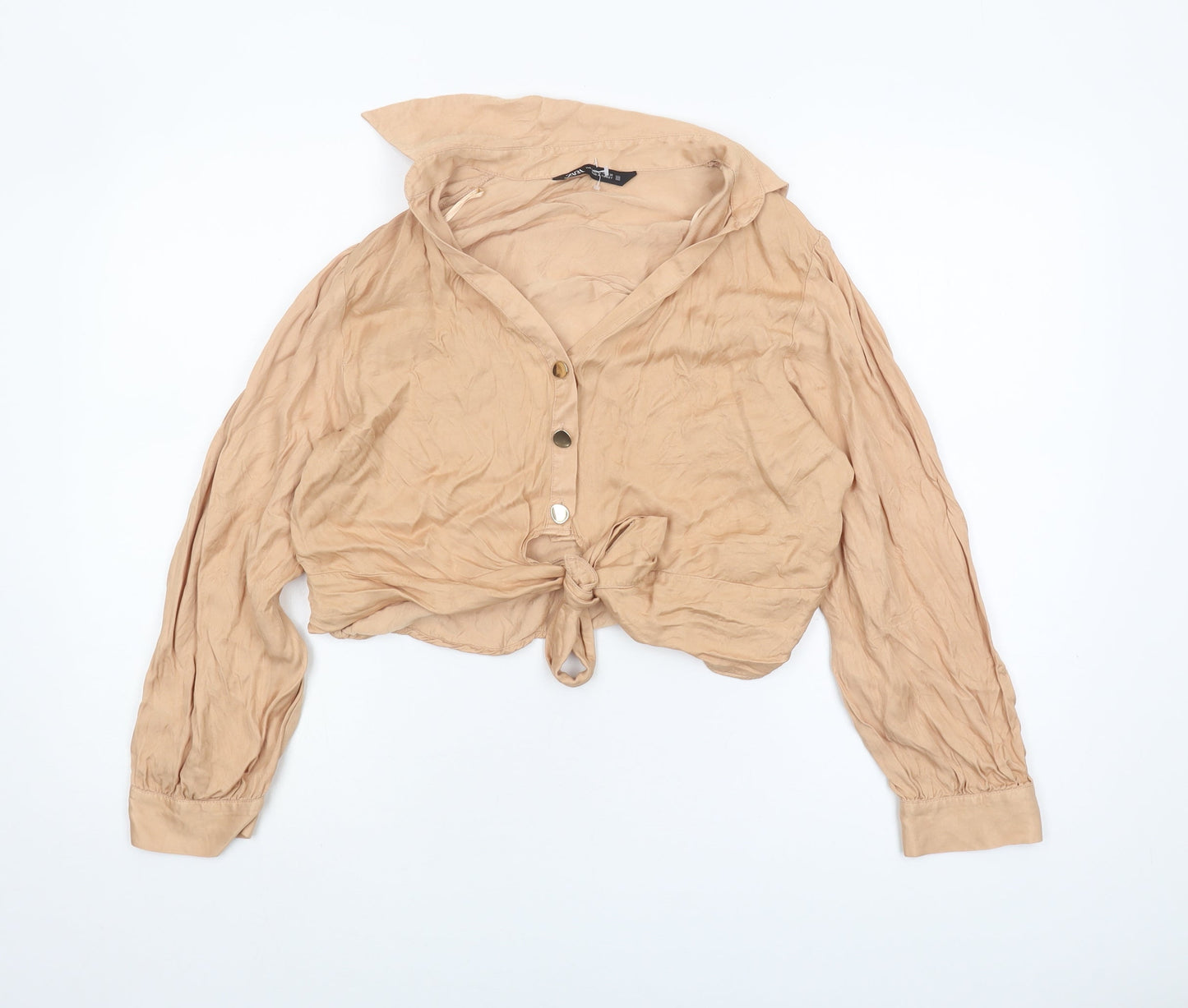 Womens UK Size 12 Zara Beige Cropped Button-Up