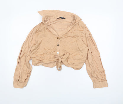 Womens UK Size 12 Zara Beige Cropped Button-Up