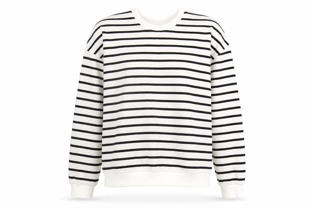 Front view of Kiabi unisex white striped crew neck sweatshirt m