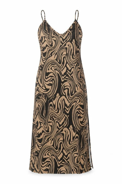 Stradivarius Women's Brown Slip Dress, Size 12 - V-Neck Geometric
