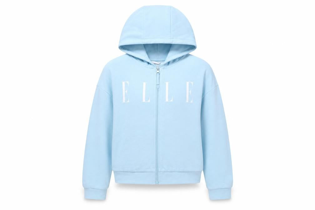 Front view of ELLE girls’ blue hoodie, size 10-11, full zip cotton blend