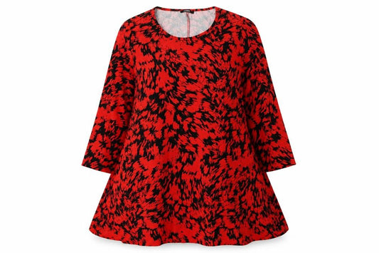 Front view of Roman Women’s Red Tunic 3/4 Sleeve Animal Print
