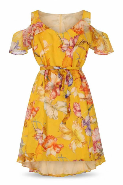 Roman Women's Yellow Floral A-Line Hi-Low Dress