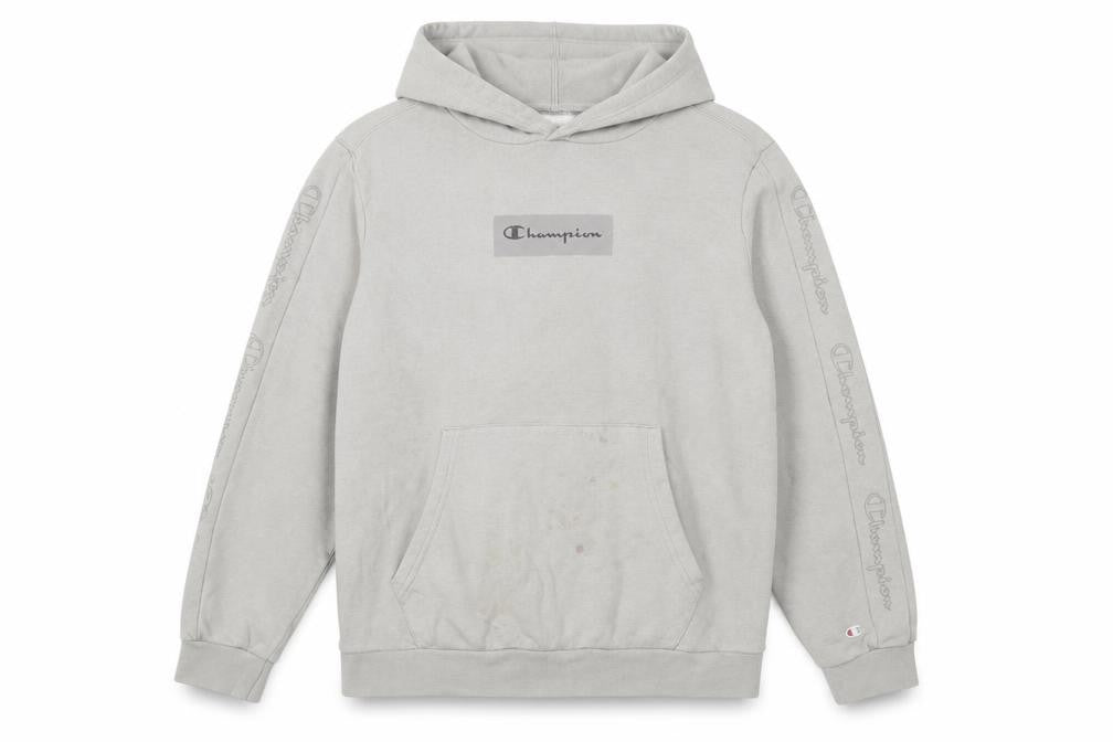 Front view of Champion boys’ grey 2xl pullover hoodie with logo