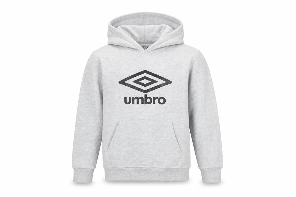 Front view of Umbro boys’ grey pullover hoodie 9-10 years with logo