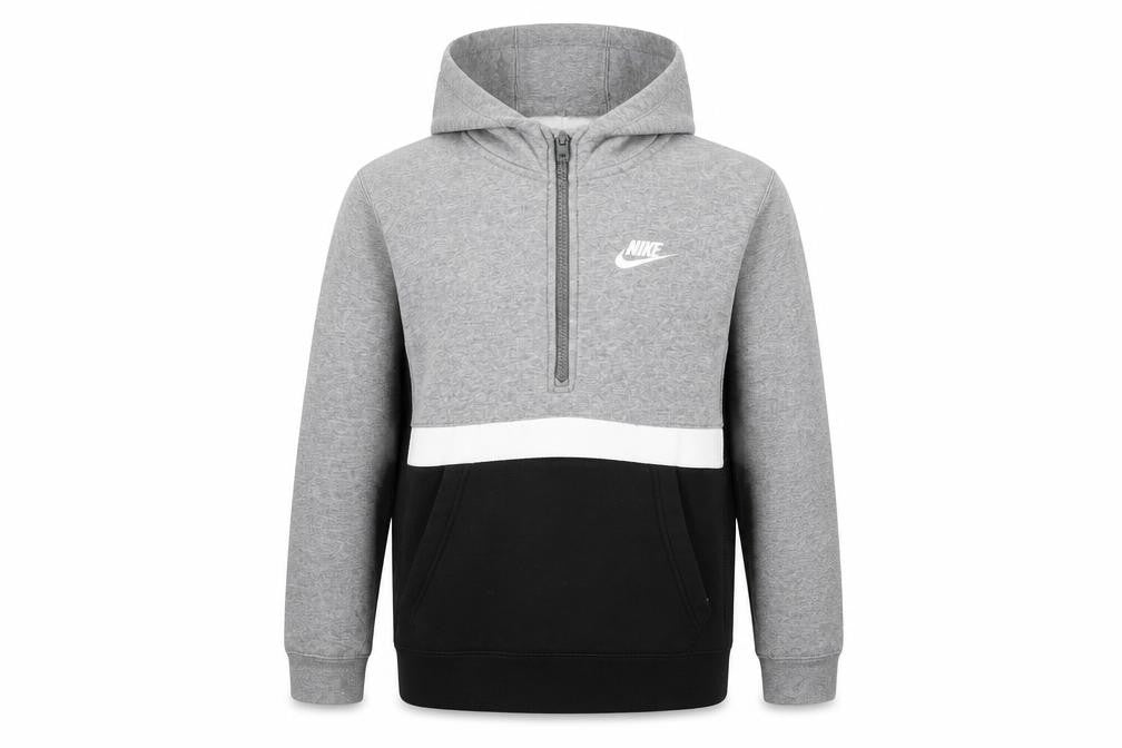 Front view of Nike boys’ grey black pullover hoodie l with zip pocket