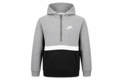 Front view of Nike boys’ grey black pullover hoodie l with zip pocket