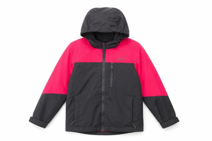 Front view of Peter Storm girls’ black hibiscus waterproof jacket, size 7-8