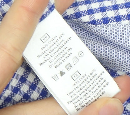 T.M. Lewin Men's Blue Check Dress Shirt, S, Business Casual