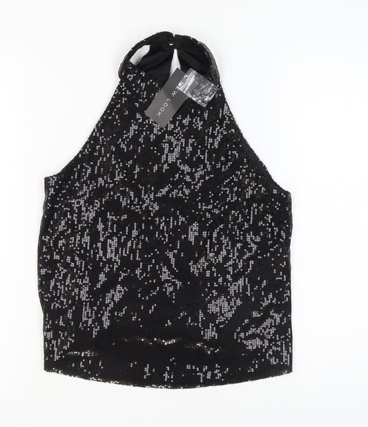 New Look Black Sequin Halter Tank Top Women Size 12