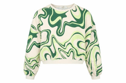 Front view of H&M girls’' beige green abstract pullover sweatshirt 12-13y