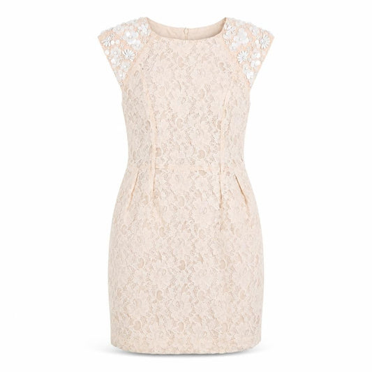 Front view of Miss Selfridge Beige Lace Sheath Dress, size 12