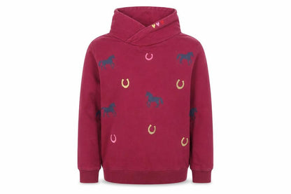 Front view of Funny Horses girls’ red pullover sweatshirt 10-11 years