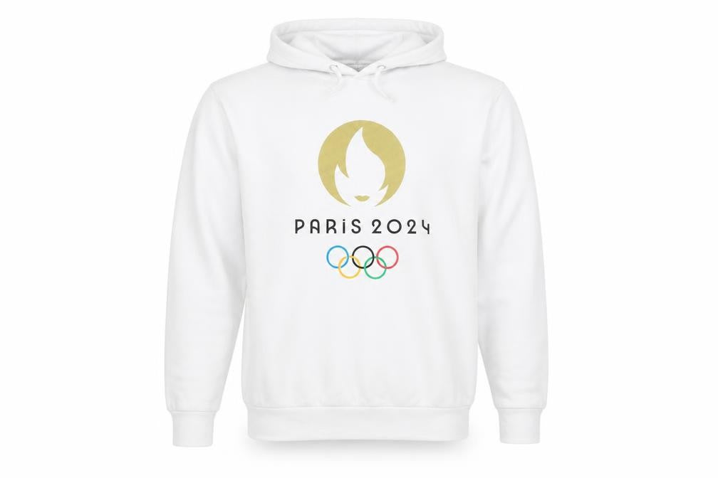 Front view of unisex white olympic logo hoodie s