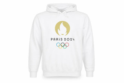 Front view of unisex white olympic logo hoodie s