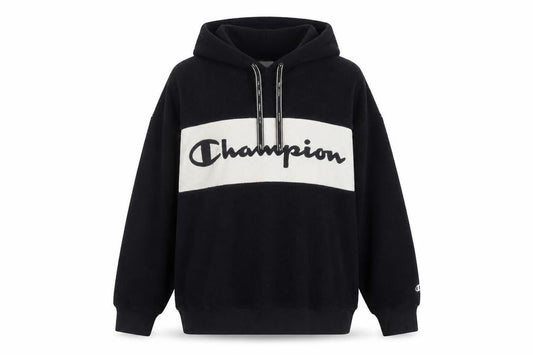 Front view of Champion Black unisex hoodie s - logo sports fleece casual