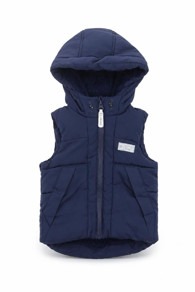 Front view of Junior J unisex blue puffer jacket 12-18m hooded winter