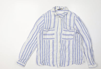 Laura Ashley Women's White Blue Striped Button-Up Shirt