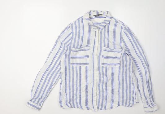 Laura Ashley Women's White Blue Striped Button-Up Shirt