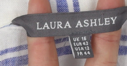 Laura Ashley Women's White Blue Striped Button-Up Shirt