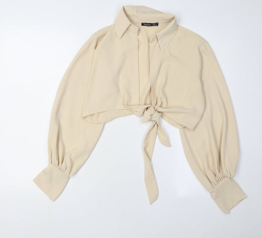 Boohoo Women's Beige Collared Cropped Blouse UK 10