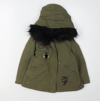 Zara Girls Green Parka Coat, Size 4 Years, Hooded, Lined