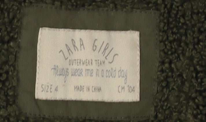 Zara Girls Green Parka Coat, Size 4 Years, Hooded, Lined