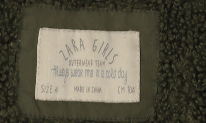 Zara Girls Green Parka Coat, Size 4 Years, Hooded, Lined