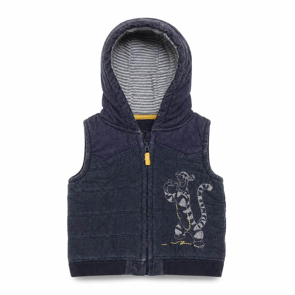 Front view of Disney unisex blue puffer jacket 9-12 months hooded