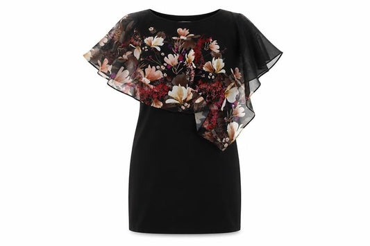 Front view of Wallis Women's Black Floral Dress, size 10, Petite