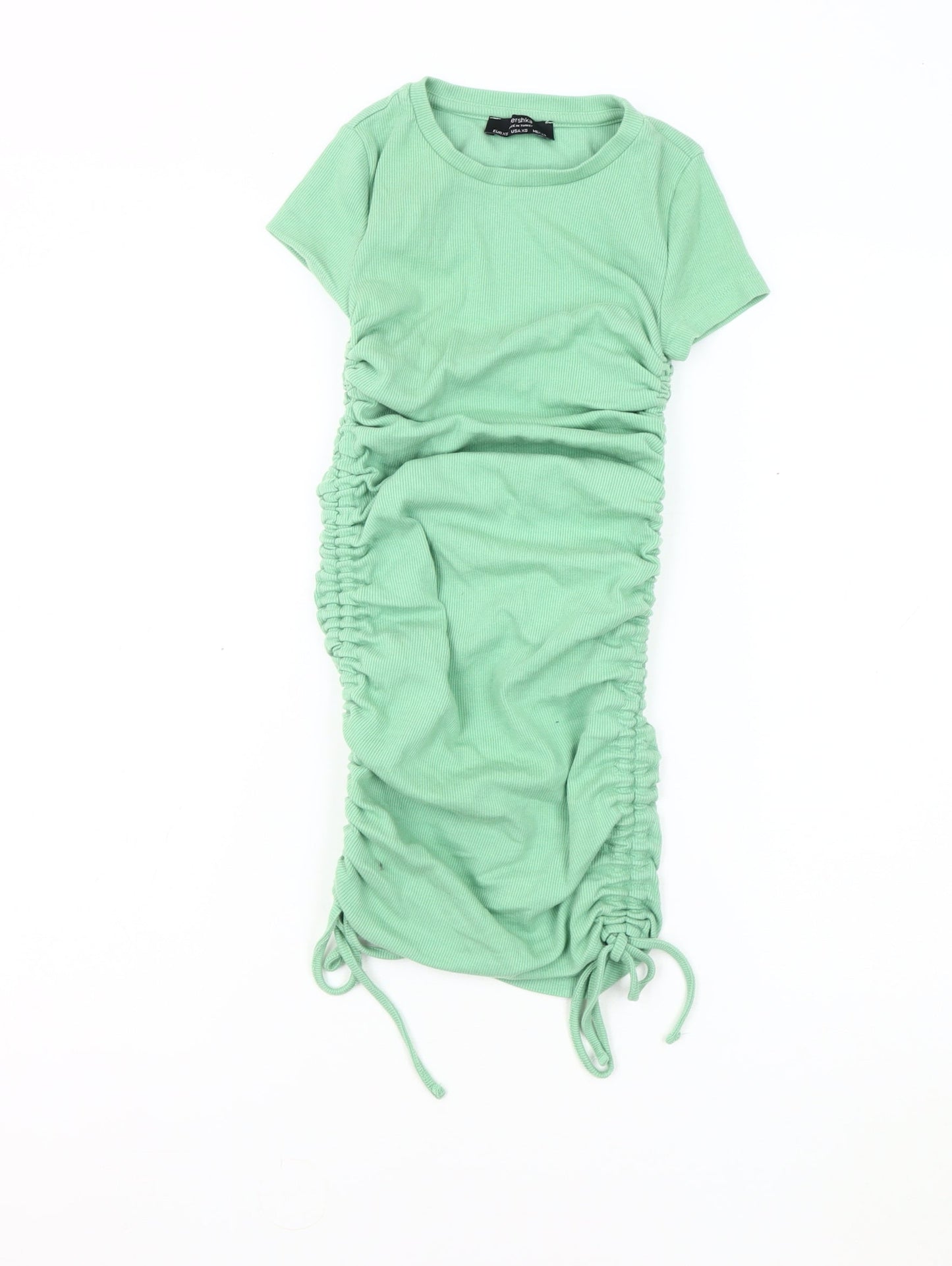 Bershka Women's Green Ruched Short Sleeve Dress