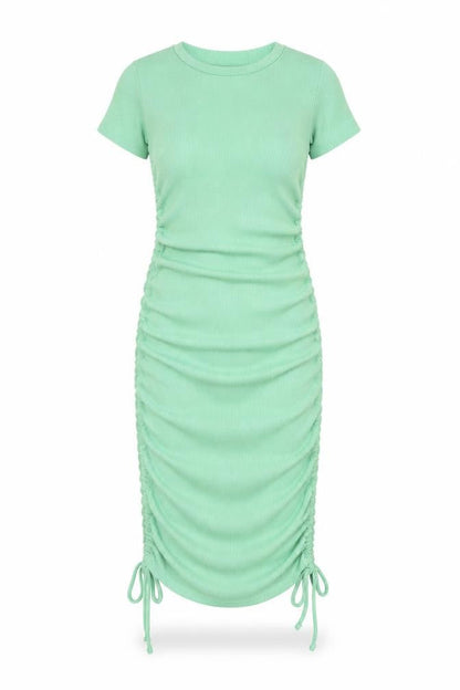 Bershka Women's Green Ruched Short Sleeve Dress
