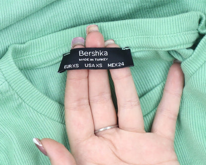 Bershka Women's Green Ruched Short Sleeve Dress
