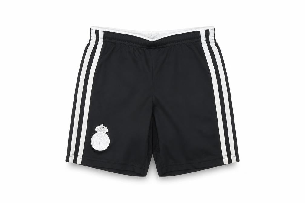 Front view of Adidas boys’ black football shorts 7-8 years athletic style