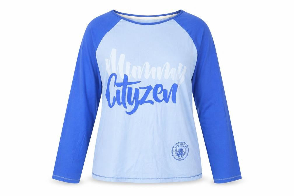 Front view of Manchester City Women's Blue Ringer T-Shirt, size 12