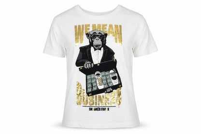 Front view of Sneaker Freak unisex white graphic t-shirt l