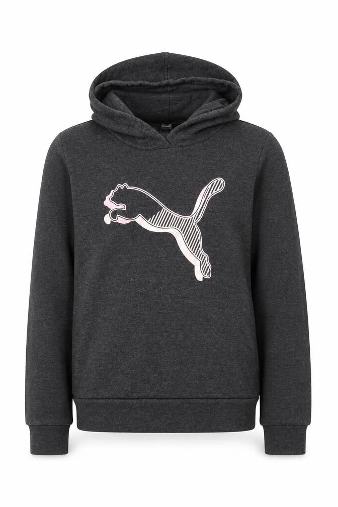 Front view of Puma girls’ black logo hoodie, 12-13 years, pullover style