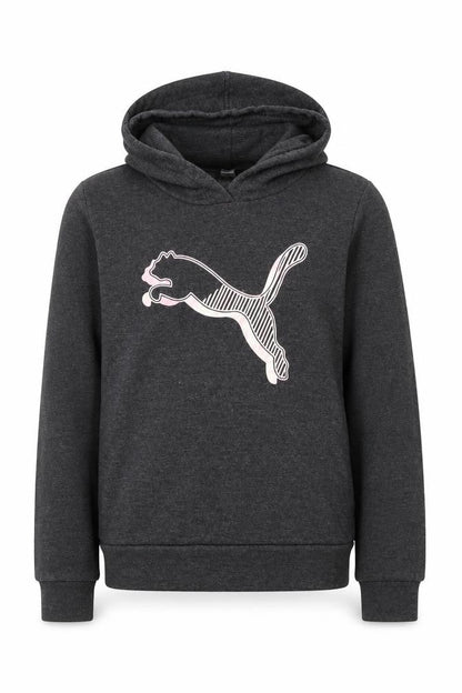 Front view of Puma girls’ black logo hoodie, 12-13 years, pullover style