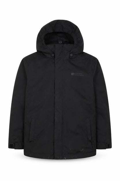 Front view of Mountain Warehouse boys’' black hooded jacket 5-6 years