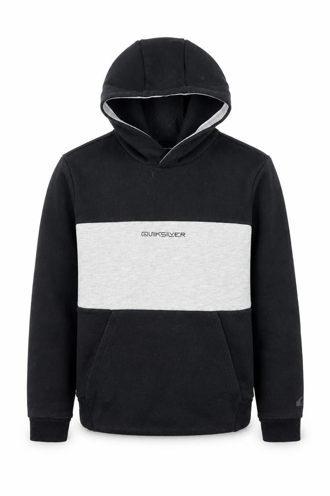 Front view of Quiksilver boys’ black grey colourblock hoodie s