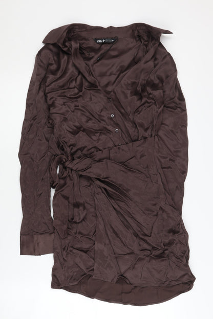 Zara Women's Brown V-Neck Long Sleeve Dress Size 8