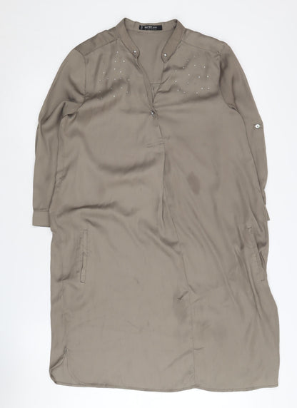 Mango Women Brown S Shirt Dress, Long Sleeve, Henley Neck