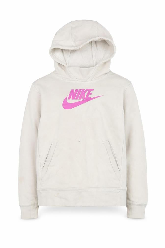 Front view of Nike girls’ beige pullover hoodie with pink logo, size S