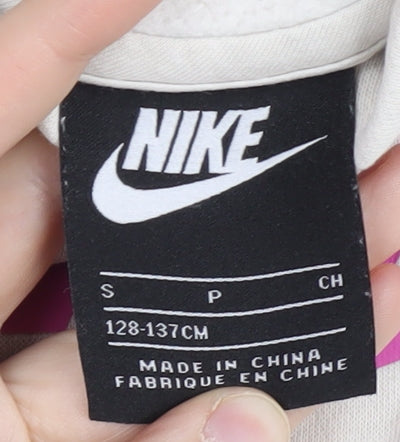 Nike Girls Beige Pullover Hoodie with Pink Logo, Size S