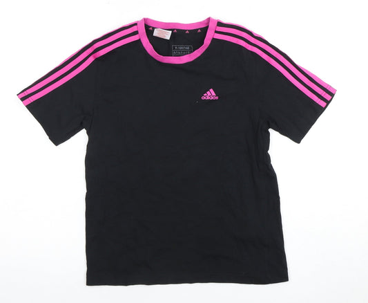Front view of Adidas girls’ black t-shirt 9-10y jersey with pink accents