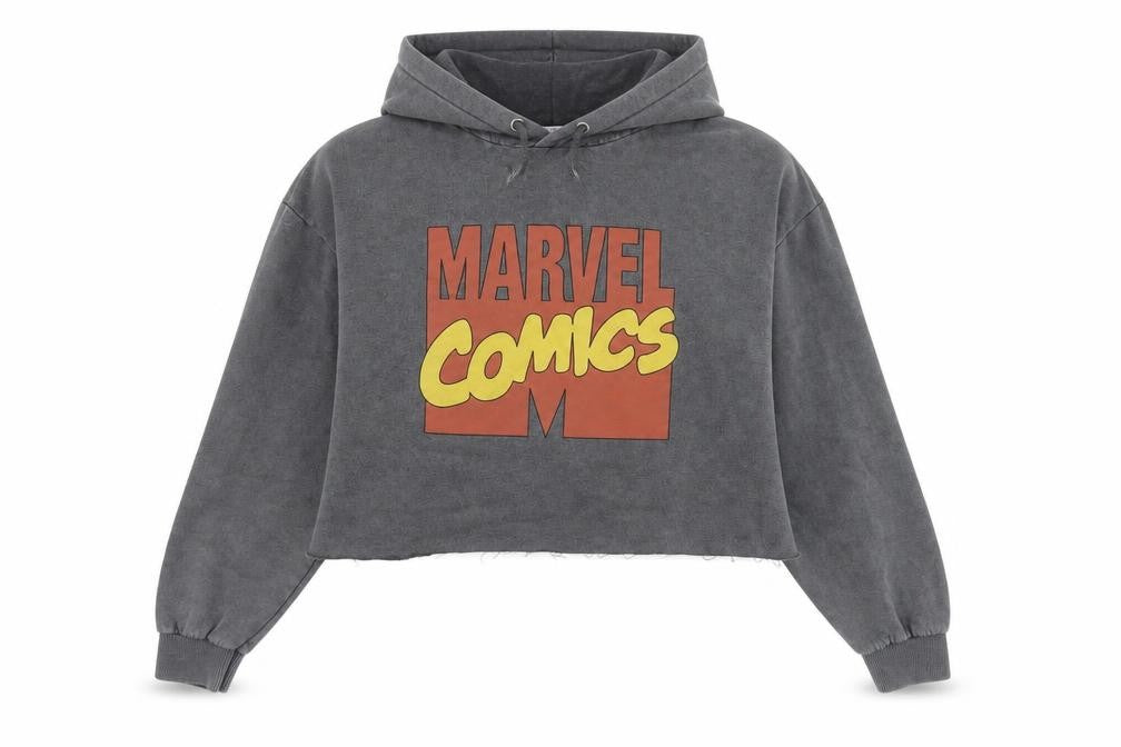 Front view of Marvel unisex grey pullover hoodie, size M, cotton blend